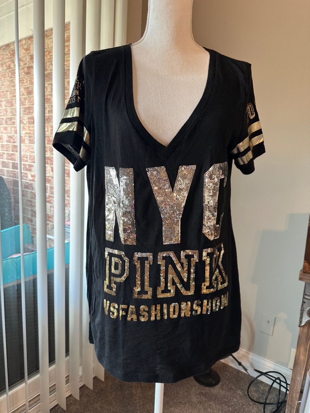 PINK Victoria's Secret Black Sequin NY V-Neck Tee with Gold Stripe Sleeves